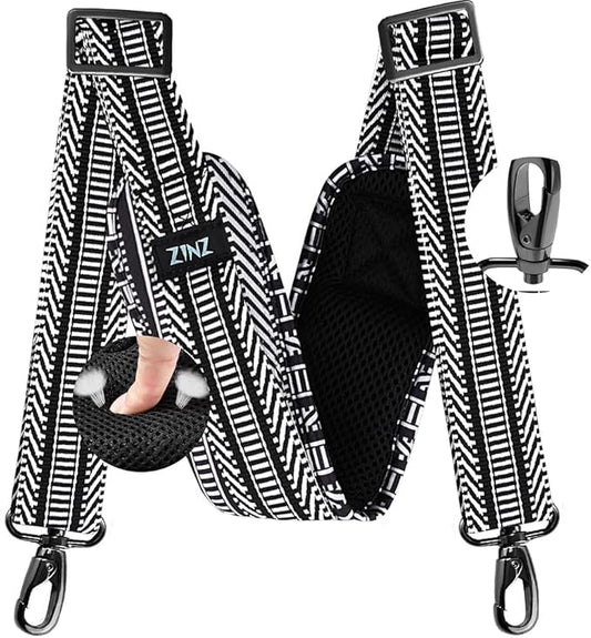 ZINZ 77 Inch Shoulder Strap Univesal Bag Strap with Fixed Pad Ultra Thick Plus Long & Breathable Cushion, Replacement Strap for Bags,Black White Jacquard