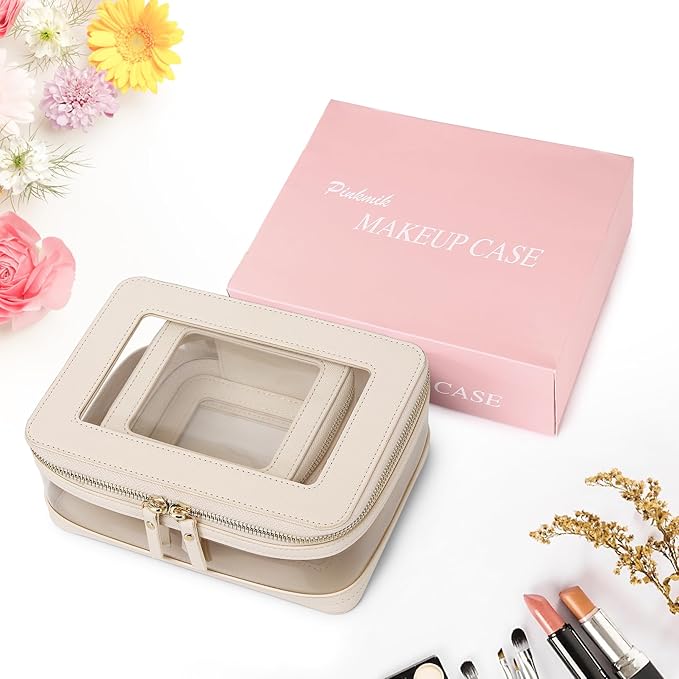 Pinkmik Clear Makeup Bag with Zipper Waterproof Travel Makeup Set for Cosmetics and Toiletries Women's Purse Organizer and Car Essentials (Beige, M+MINI-1)