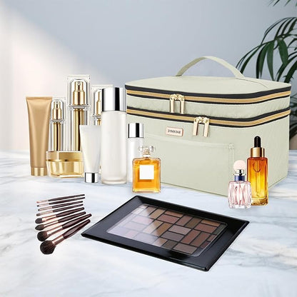 8.8L Double Layer Travel Makeup Bag Women, Large Cosmetic Case, Organizer for Travel-Size Accessories Bottles, Brushes, and Skin Care Products, Beige 2.33 GAL