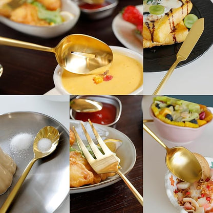 DEACORY Silverware Set with Serving Utensil Set Matte Gold Flatware Set Hand Forged Stainless Steel Cutlery Set 45 Pieces Matte Finished Hexagon Handle Service for 8, DE1004