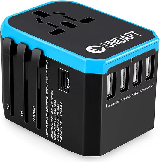 Unidapt Universal Travel Adapter, European Travel Plug Adapter - International Power Adapter Worldwide Charger with USB-C & 4 USB Ports, Travel Essentials for Italy, Japan, Europe, UK (UA-101, Blue)