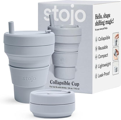 STOJO Titan Collapsible Travel Cup With Straw - Cashmere Gray, 24oz / 710ml - Reusable To-Go Pocket Size Silicone Cup for Hot & Cold Drinks - Camping and Hiking - Microwave & Dishwasher Safe