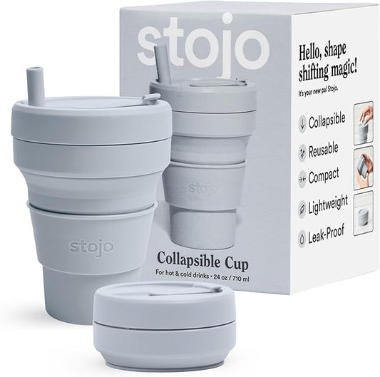 STOJO Titan Collapsible Travel Cup With Straw - Cashmere Gray, 24oz / 710ml - Reusable To-Go Pocket Size Silicone Cup for Hot & Cold Drinks - Camping and Hiking - Microwave & Dishwasher Safe