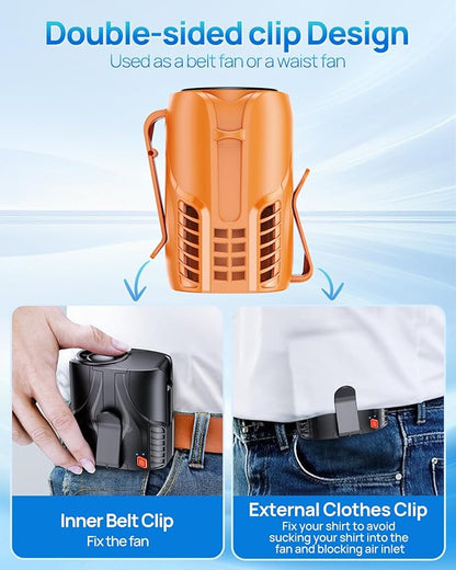 2025 Portable Personal Waist Fan& Neck Fan, 14000RPM Brushless Motor, 40H Runtime Rechargeable, 6-Speed Quiet Operation, Clip-On Personal Body Cooling for Camping/Worksites/Outdoor