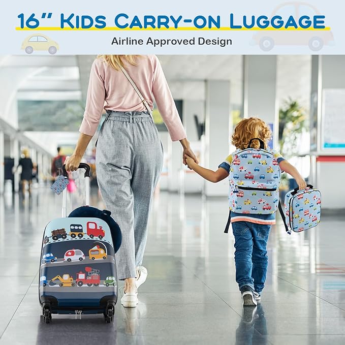BABY JOY Kids Luggage, 5 Pieces Luggage Set w/ 16" Carry-on Hardshell Spinner Toddler Suitcase, 13" Backpack, Neck Pillow & Insulated Lunch Bag, Travel Kids Rolling Suitcase for Girls Boys (Blue Car)