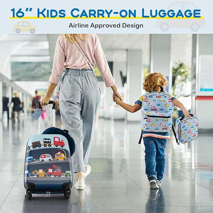 BABY JOY Kids Luggage, 5 Pieces Luggage Set w/ 16" Carry-on Hardshell Spinner Toddler Suitcase, 13" Backpack, Neck Pillow & Insulated Lunch Bag, Travel Kids Rolling Suitcase for Girls Boys (Blue Car)
