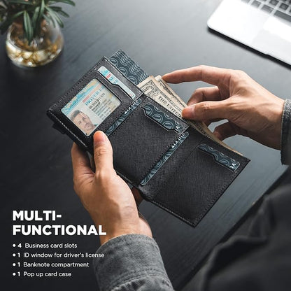 VULKIT Pop up Card Wallet Minimalist Cash Wallets RFID Blocking Leather Smart Credit Card Holder with ID window for Men(Cross Black)