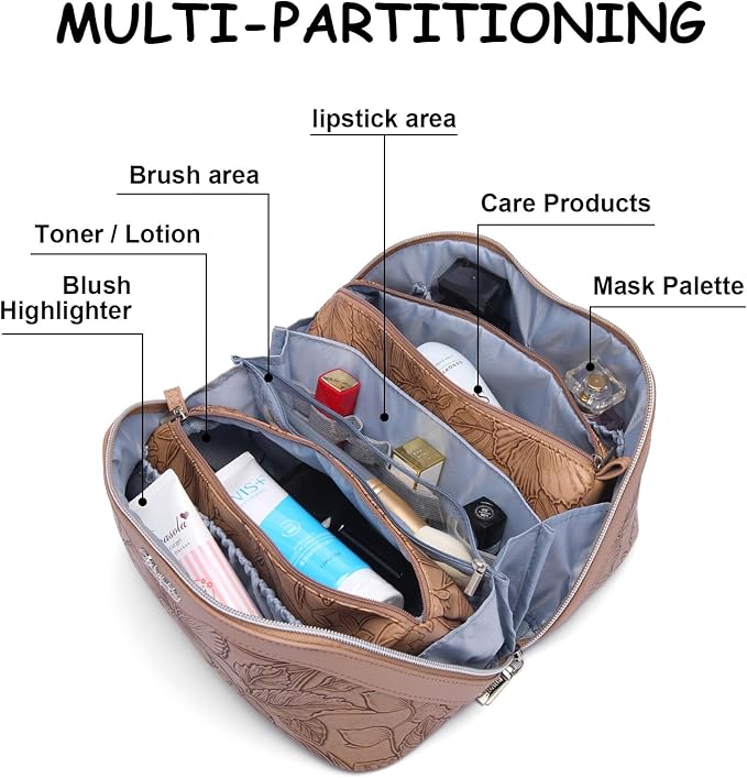 BOYATU Travel Makeup Bags Cosmetic Organizer Bag: 3-Set Large Capacity Make up Bag - PU Leather Toiletry Bags for Women - Wide Open Portable Pouch with Divider & Handle (01-Z-Brown)