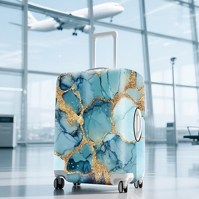 FOREVER QUEEN Luxury Light Blue Gold Marble Luggage Cover Suitcase Protector Suitcase Cover Anti-Scratch,Stretchable Bag Cover Washable Durable Polyester
