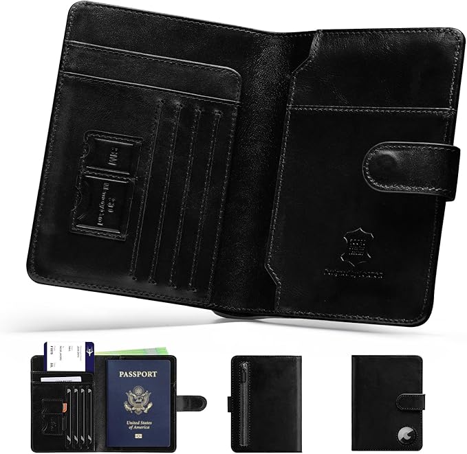 LORZOR Passport Holder for Travel: Full Grain Leather Passport Cover with Airtag Holder Magnetic Buckle for Men - RFID Blocking Bifold Wallet for Air Ticket Card Cash Coin (Black)