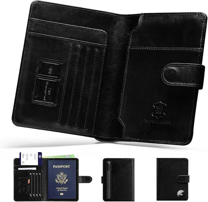 LORZOR Passport Holder for Travel: Full Grain Leather Passport Cover with Airtag Holder Magnetic Buckle for Men - RFID Blocking Bifold Wallet for Air Ticket Card Cash Coin (Black)
