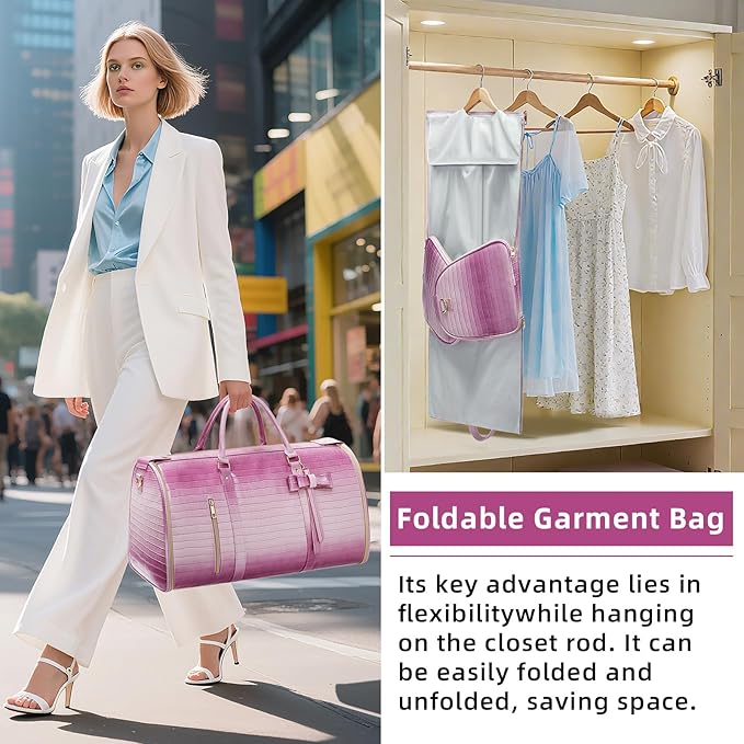 Garment Bags for Travel, 2-in-1 Convertible Travel Garment Duffle Bag for Women, Foldable Carry On Garment Bag with Shoe Compartment & Toiletry Pocket, PU Leather Weekender Bag, Pink-White
