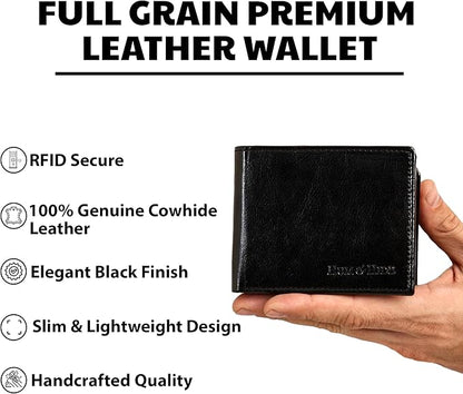 Hum & Hide Full-Grain Leather Wallet for Men – RFID Blocking Slim Bifold Wallet with ID Window, 8 Card Slots & Cash Compartment – Minimalist Black Leather Gift Wallet