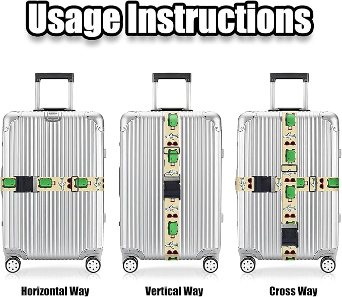 Nuxovilar Luggage Straps of 2 Set Sunglasses Airplane Suitcase Pattern, 1.96x90.5 inches - Luggage Straps for Suitcases, Perfect for Travel, Business Trips, Vacation