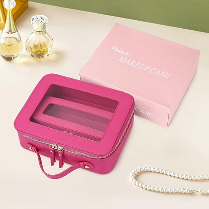 Pinkmik Clear Makeup Bag with Brush Bag 2pcs Waterproof Travel Case for Cosmetics and Toiletries Women's Cosmetic Organizer with Zipper (X/Fuxia, L+SLIM)