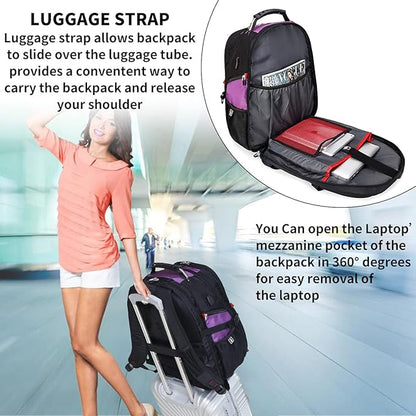 SHRRADOO Extra Large 50L Travel Laptop Backpack with USB Charging Port, College High School Backpack Airline Approved Business Work Bag Fit 17 Inch Laptops for Men Women,Purple