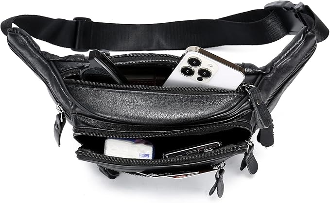 Black Leather Fanny Pack for Men & Women, Fashionable Multi-Pockets Waist Belt Bag for Travel Sports Hiking Cycling Fishing Running