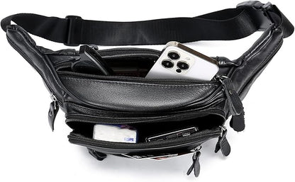 Black Leather Fanny Pack for Men & Women, Fashionable Multi-Pockets Waist Belt Bag for Travel Sports Hiking Cycling Fishing Running