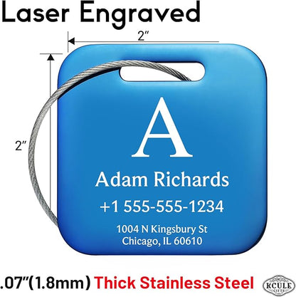 Stainless Luggage Tags for Suitcases 4 Pack: Metal Personalized Luggage Tags for Backpacks & Bags with Customizable Texts (Blue)