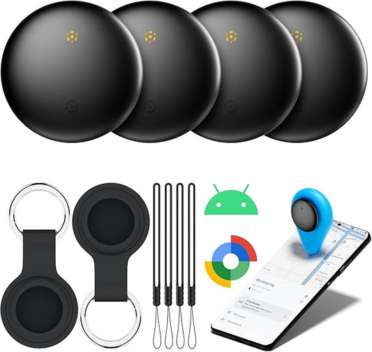 Air Tracker Tags-4 Pack for Android with Case- Bluetooth Tracker Item Finder for Key, Wallet, Luggage - Works with Google Find Hub, IP66 Waterproof, Smart Tag for Android & Samsung Phones(Black)