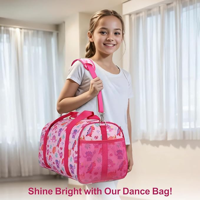 Bagseri Dance Bag for Girls - Waterproof Kids Duffel Bag for Ballet Sports Gymnastics Overnight with Shoe Compartment and Dry Wet Separation Pockets (Pink & Crown Dinosaur)