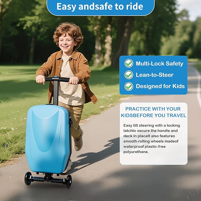 2-in-1 Ride-On Scooter Suitcase,Carry On Hardshell Ride On Suitcase Scooter for Kids Age 4-15, Multifunctional Ride On Lightweight Kids Luggage with Wheels(Size:Blue)