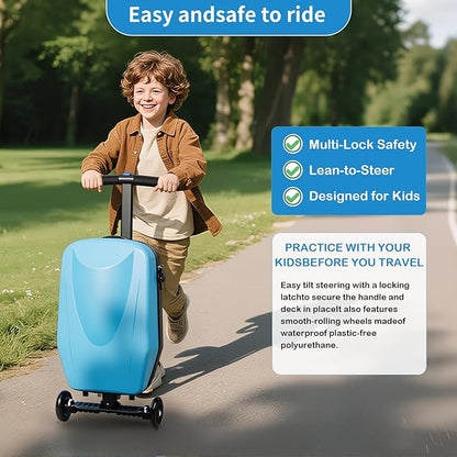 2-in-1 Ride-On Scooter Suitcase,Carry On Hardshell Ride On Suitcase Scooter for Kids Age 4-15, Multifunctional Ride On Lightweight Kids Luggage with Wheels(Size:Blue)