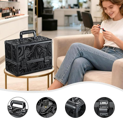 Travel Makeup Case with LED Lighted Mirror - 11.6" Portable Makeup Organizer Box, Cosmetic Train Case with Detachable Brush Holder - Fluid Black