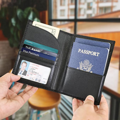 Polare Full Grain Leather Passport Holder RFID Blocking Travel Bifold Wallet Passport Holders 2 Passports (Carbon Black)
