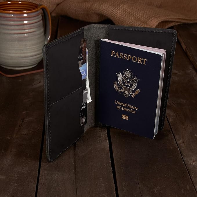 Passport Cover – Handmade Vintage Leather Travel Wallet Fits Standard Passports & 3.5" x 5.5" Pocket Notebooks – Slim Passport Holder with 2 Card Slots & Interior Pocket (Black)