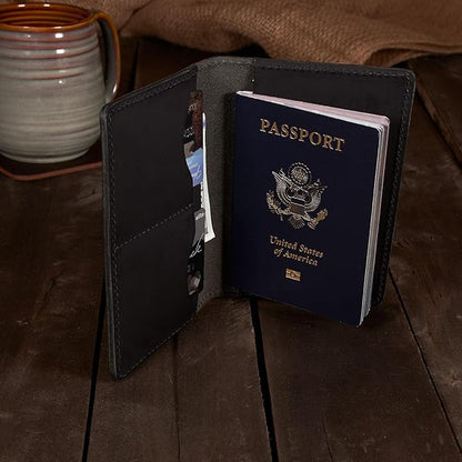Passport Cover – Handmade Vintage Leather Travel Wallet Fits Standard Passports & 3.5" x 5.5" Pocket Notebooks – Slim Passport Holder with 2 Card Slots & Interior Pocket (Black)