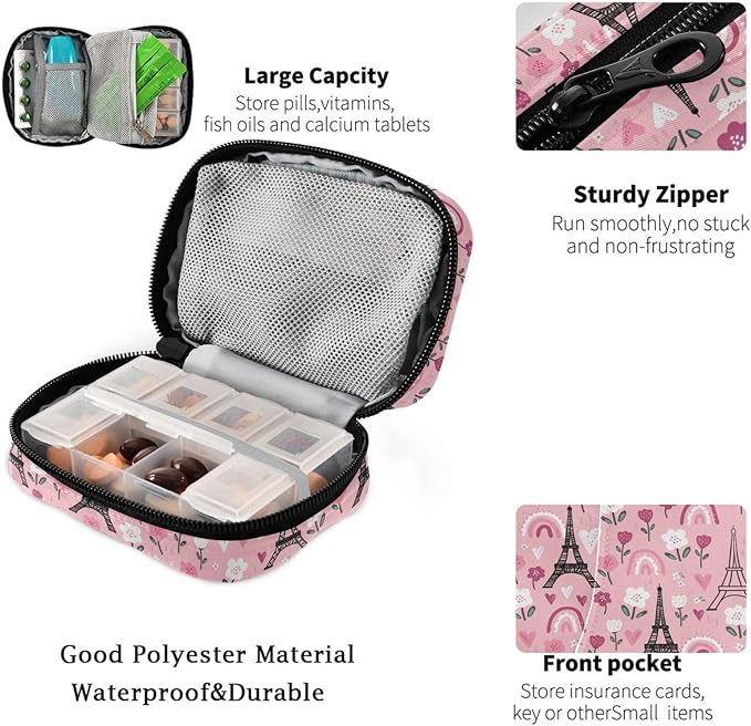 Fustylead Black Eiffel Tower and Pink Rainbow Flower Hearts Pill Organizer Case with Zipper 2 Times A Day for Vitamin and Supplement, 7 Day Travel Organizer Medicine Case