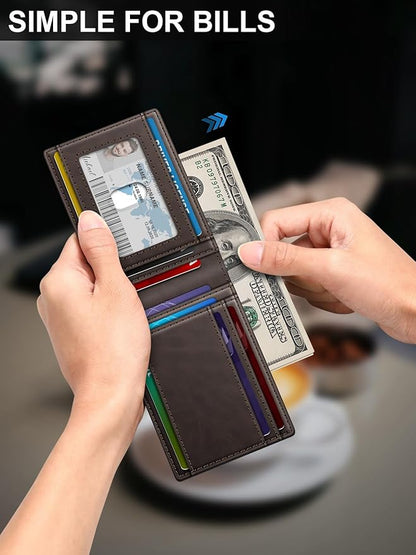 Wallet for Men Slim Leather Wallets for 13-17 Cards, RFID Blocking Thin Card Holder Wallet with ID Window & Large Capacity Cash Slot, Minimalist Bifold Small Wallet for Front Pocket, Gift for Men