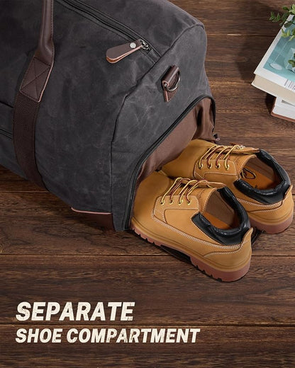 Gonex Waxed Canvas Duffle Bag for Travel, Water-resistant Vintage 55L Duffel Weekender with Shoes Compartment & Luggage Tag, Heavy-duty Overnight Bag with Suitcase Handle Sleeve for Men, Dark Grey