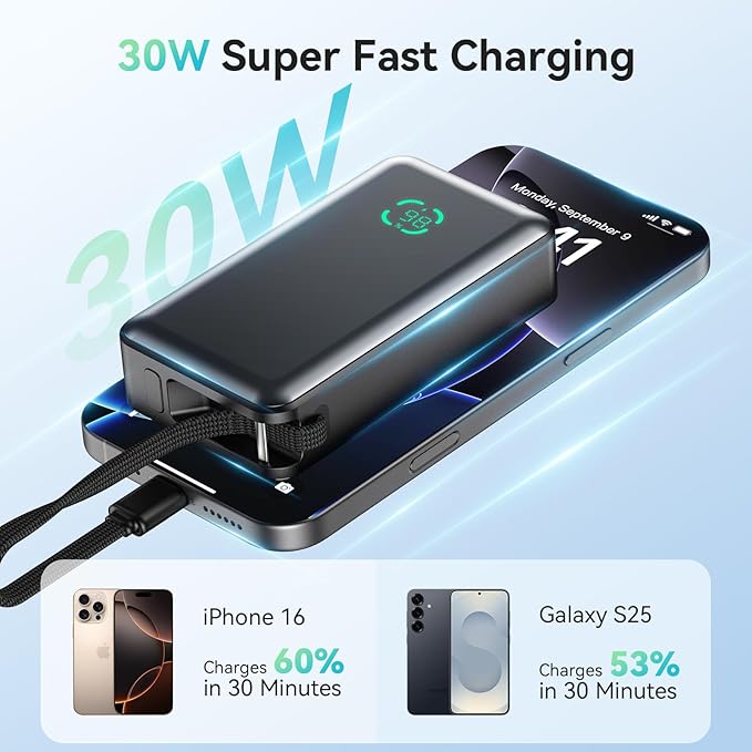 Portable Charger Power Bank, 10,000mAh PD 30W Fast Charging External Battery Pack with Built-in USB-C Cable, Travel Phone Charger with USB-C&A Output for iPhone 17 16 15, Ipad, Samsung, Google Etc
