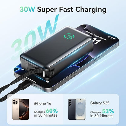 Portable Charger Power Bank, 10,000mAh PD 30W Fast Charging External Battery Pack with Built-in USB-C Cable, Travel Phone Charger with USB-C&A Output for iPhone 17 16 15, Ipad, Samsung, Google Etc