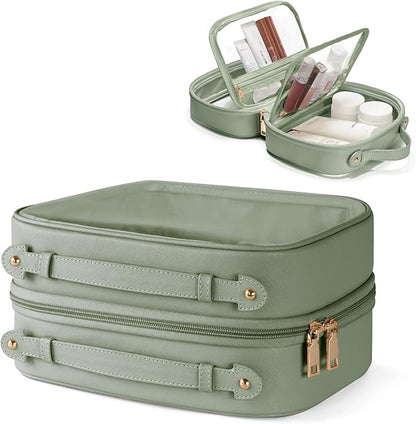 Clear Cosmetic Bag Double Layer Travel Toiletry Bag Clear Makeup Bag Case with 4 Compartments, Transparent Travel Bag for Toiletries, Large Toiletry Bag for Women Cosmetic Case (Sage Green, Large)