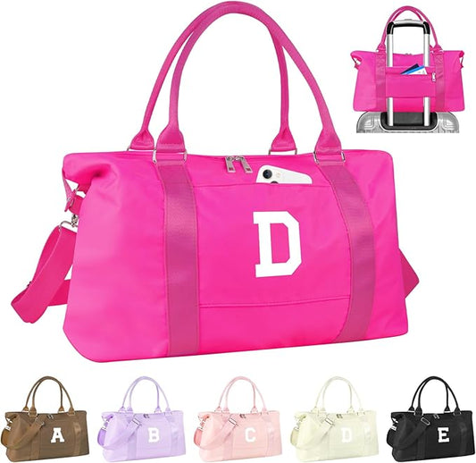 Overnight Bag for Kids Teen Girls Weekender Dance Bag Birthday Graduation Gifts,Initial Travel Duffel Bag Sports Gym Bag Personalized Weekender Bag Carry On Bags Preppy Gifts for Women(Hot Pink, D)
