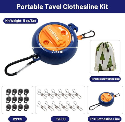 Portable Travel Clothesline Cord, Caudblor Adjustable 33ft Camping Clothes line, Laundry Drying Rope for Hotel Trip, Cruise, Outdoor/Indoor, with 12Pcs Stoppers, Windproof Clothespins