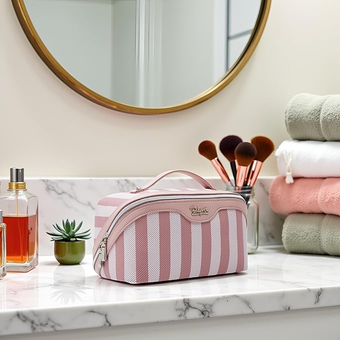 BOYATU Travel Makeup Bag for Women: Large Cosmetic Bag Set of 3 - PU Leather Make up Bag with Compartments - Compact Waterproof Toiletry Bag with Divider & Handle (B-1-Pink)