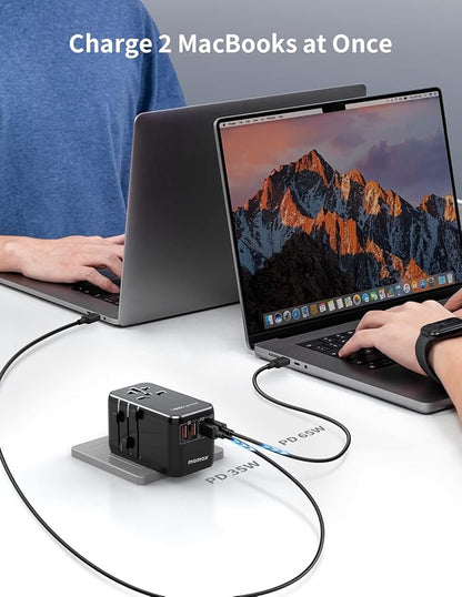 MOMAX Universal Travel Adapter, 100W Fast GaN International Power Adapter, 2PD USB-C+2QC USB-A Travel Adapter, US, UK, EU, AU Travel Adapter Worldwide for Laptops, Tablets, Phones, Vision Pro