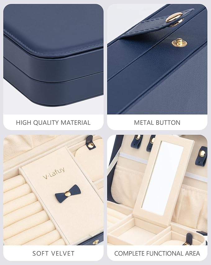 2-Layer Travel Jewelry Box for Women, Portable Jewelry Organizer with Mirror & Removable Dividers, PU Leather Jewelry Case – Gift for Wife, Mom, Girlfriend (Navy Beige)