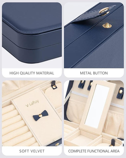 2-Layer Travel Jewelry Box for Women, Portable Jewelry Organizer with Mirror & Removable Dividers, PU Leather Jewelry Case – Gift for Wife, Mom, Girlfriend (Navy Beige)