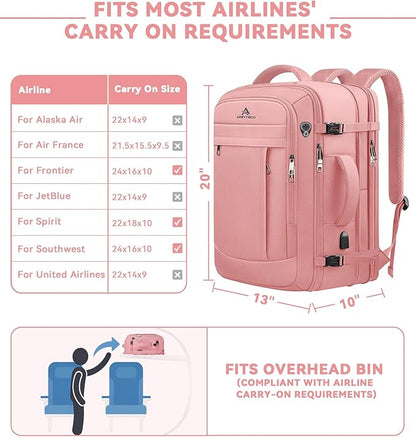 Travel Laptop Backpack for Women, 50L Expandable Extra Large Backpack,Carry On Backpack, Water Resistant Big Bag Anti-Theft Business Daypack Fits 17 Inch Laptop with USB Port, Pink