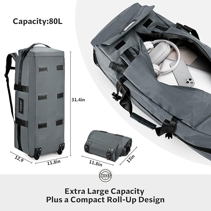 STOVER 80L Rolling Duffel Bag with Wheels, Large Durable Travel Duffle + Toiletry Bag, Heavy Duty, Packable, Foldable with Shoulder Straps- Use as Luggage or Backpack, Men/Women (Grey)