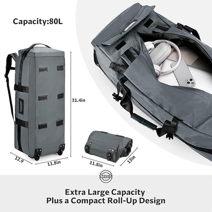 STOVER 80L Rolling Duffel Bag with Wheels, Large Durable Travel Duffle + Toiletry Bag, Heavy Duty, Packable, Foldable with Shoulder Straps- Use as Luggage or Backpack, Men/Women (Grey)