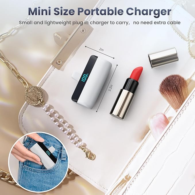 Mini Portable Charger for iPhone,5200mAh PD Fast Charging Battery Pack,LCD Display Cute Power Bank Portable Phone Charger for iPhone 14/14 Pro Max/13/13 Pro/12 Pro/11/XS/XR/X/8/7/6-Warm White