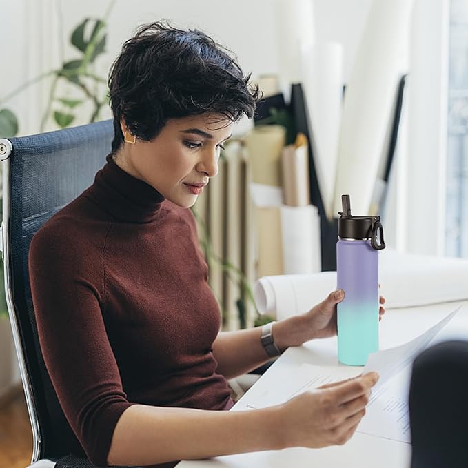 Volhoply 24oz Insulated Water Bottle With Straw Bulk 3 Pack,Metal Wide Mouth Water Bottles With Handle Keep Cold,Reusable Double Wall Cups,Powder Coated Sport Bottle For Holder(Purple Blue,3 Count)