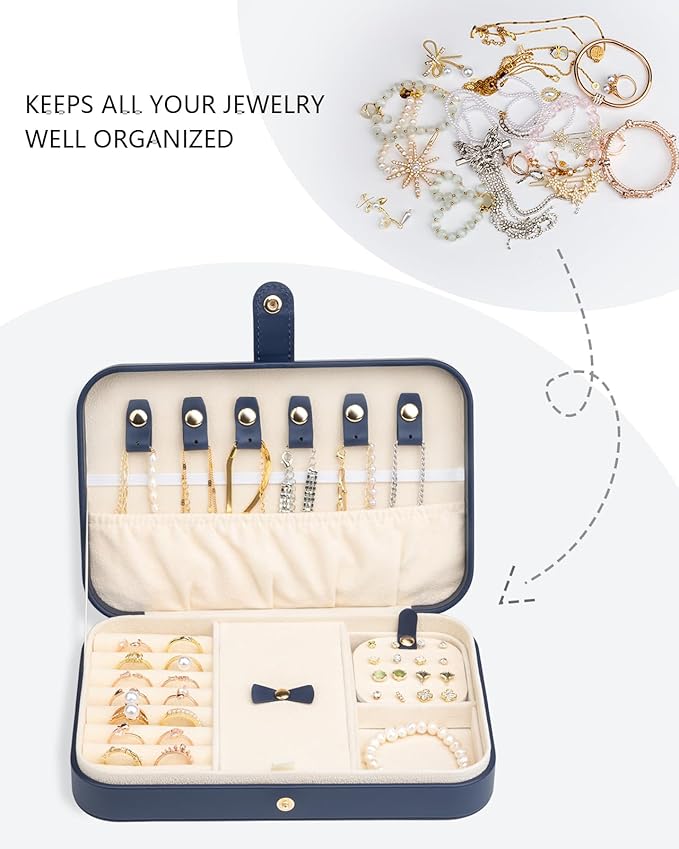 2-Layer Travel Jewelry Box for Women, Portable Jewelry Organizer with Mirror & Removable Dividers, PU Leather Jewelry Case – Gift for Wife, Mom, Girlfriend (Navy Beige)