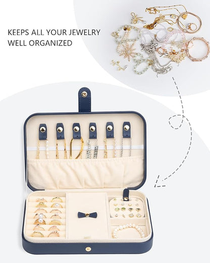 2-Layer Travel Jewelry Box for Women, Portable Jewelry Organizer with Mirror & Removable Dividers, PU Leather Jewelry Case – Gift for Wife, Mom, Girlfriend (Navy Beige)